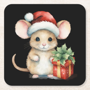 Watercolour Christmas Mouse Square Paper Coaster
