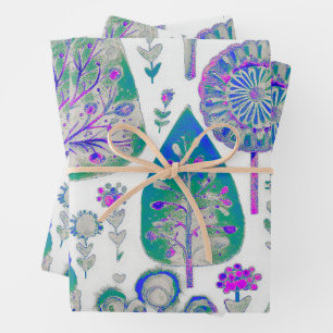 Watercolour Christmas Tree  Purple Green Blue Wrapping Paper Sheet