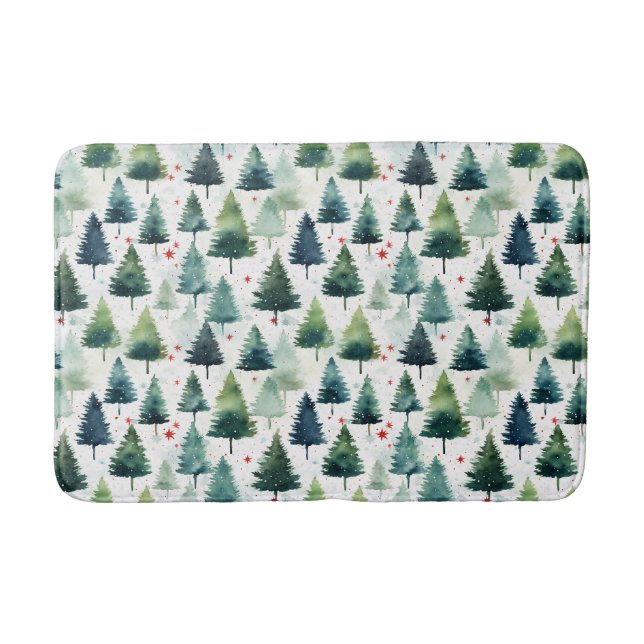 Watercolour Christmas Tree Seamless Pattern. Bath Mat (Front)