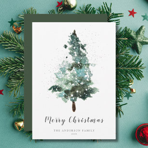Watercolour Christmas Tree with Sparkle  Holiday Card