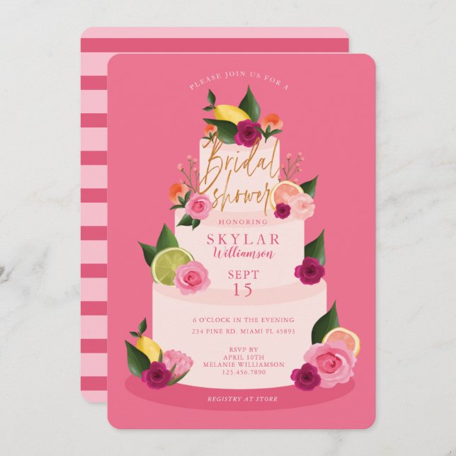Watercolour Citus Floral 3 Tier Cake Bridal Shower Invitation (Front/Back)