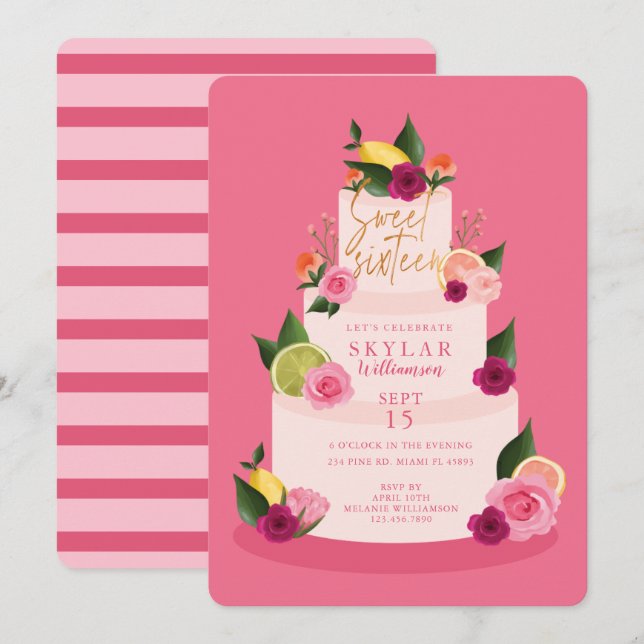 Watercolour Citus Floral 3 Tier Cake Sweet Sixteen Invitation (Front/Back)