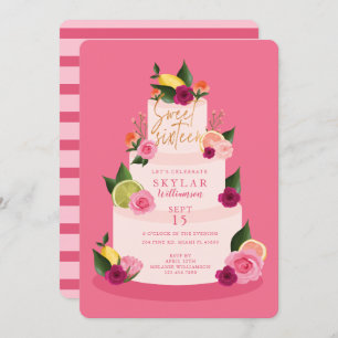 Watercolour Citus Floral 3 Tier Cake Sweet Sixteen Invitation