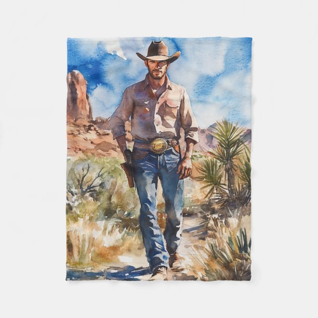 Watercolour Cowboy in Desert Fleece Blanket (Front)