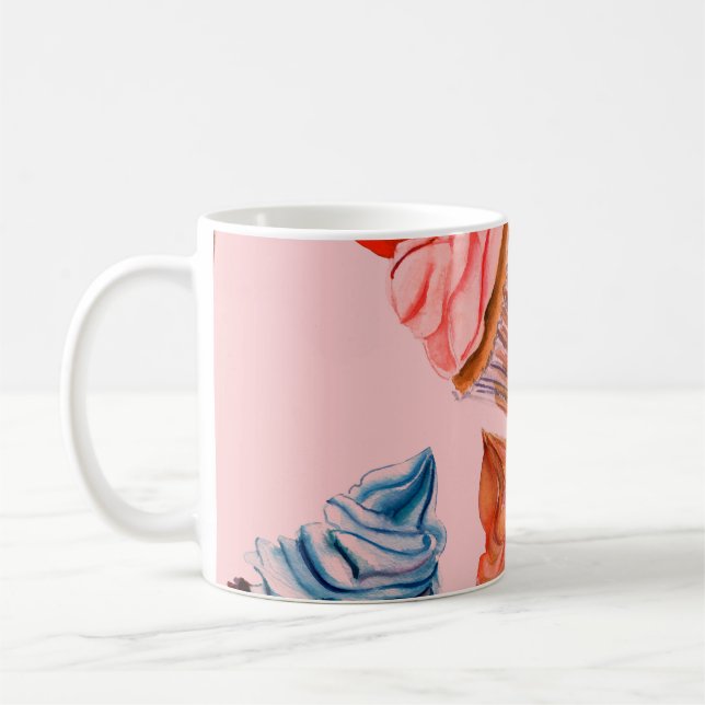 Watercolour cupcakes seamless background pattern,  coffee mug (Left)