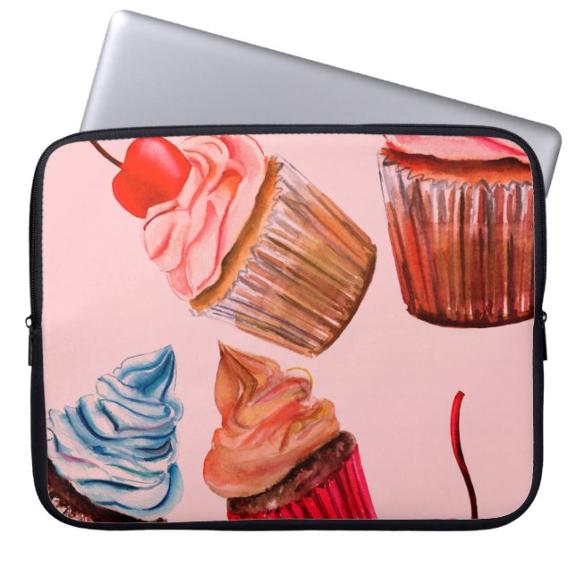 Watercolour cupcakes seamless background pattern,  laptop sleeve (Front)