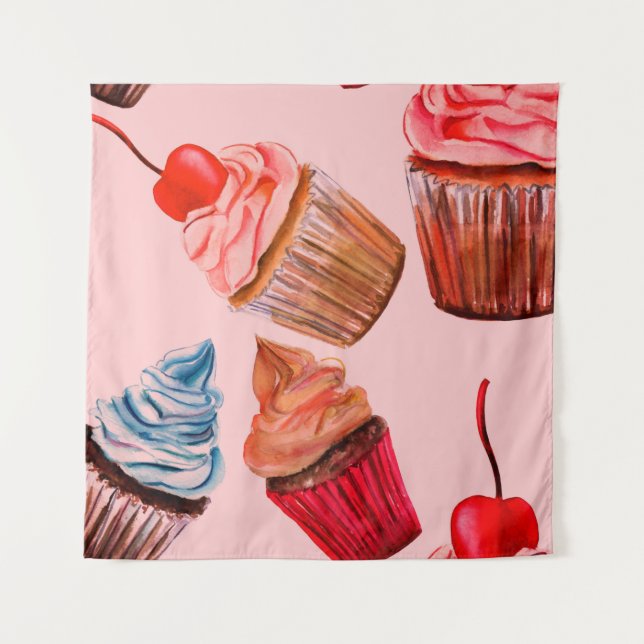 Watercolour cupcakes seamless background pattern,  tapestry (Front)