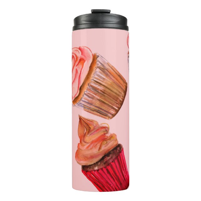 Watercolour cupcakes seamless background pattern,  thermal tumbler (Front)