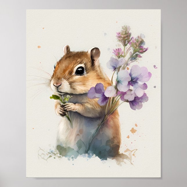 Watercolour Cute Chipmunk with flowers Poster (Front)