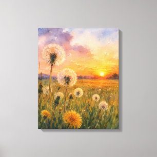 Watercolour Dandelions at Sunset Meadow Landscape  Canvas Print