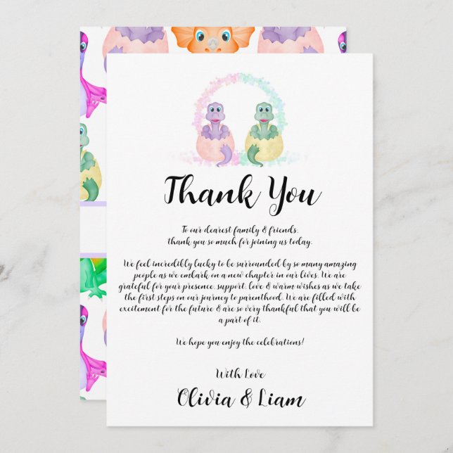 Watercolour Dinosaur Gender Reveal Thank You Card (Front/Back)