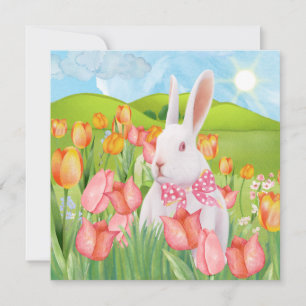 Watercolour Easter Bunny with Pink Tulips Holiday Card