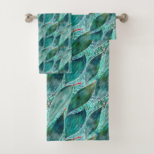 Watercolour Eucalyptus Blue River Leaves Bath Towel Set (Insitu)