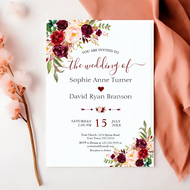 Watercolour Fall Burgundy Red Flowers Wedding Invitation (Creator Uploaded)