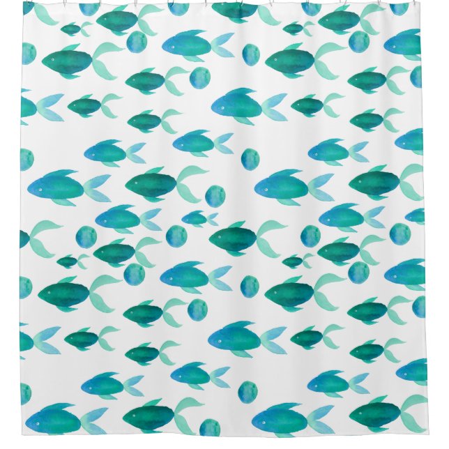 Watercolour Fish Pattern in Blue Shower Curtain (Front)