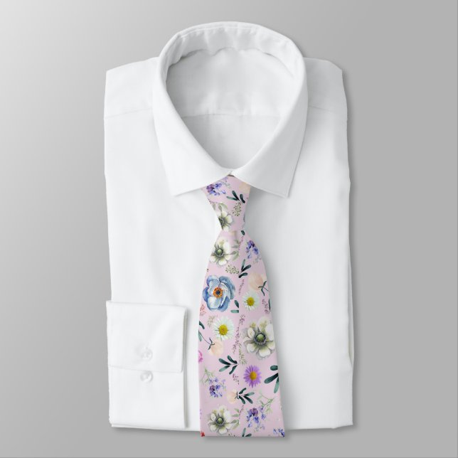 Watercolour Floral Pattern Pastel Pink background Tie (Tied)