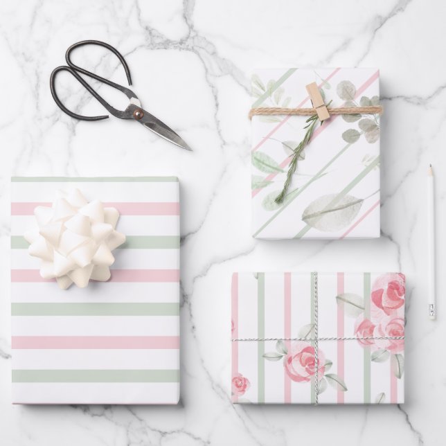 Watercolour Floral Pretty Blush Sage Wrapping Paper Sheet (Front)