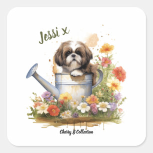 Watercolour Floral Shih Tzu, can be personalized Square Sticker