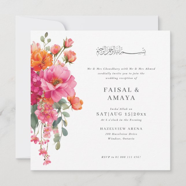 Watercolour Flower Islamic Wedding Invitation (Front)