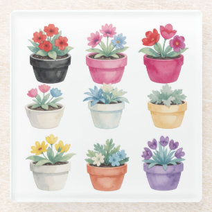 Watercolour Flower Pots Glass Coaster