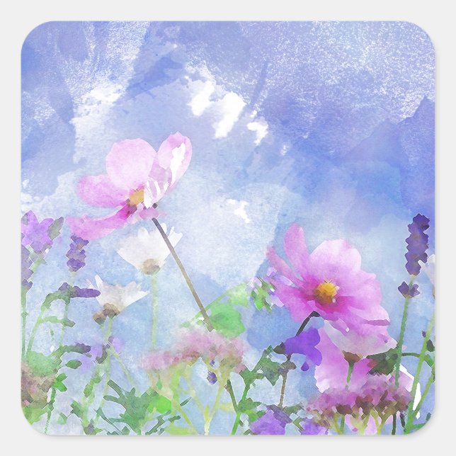 Watercolour flowers square sticker (Front)
