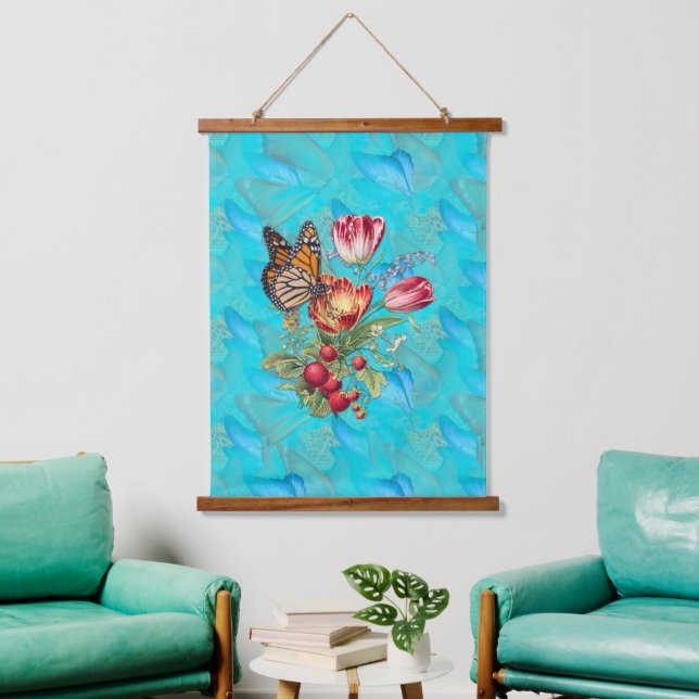 Watercolour Flowers with Visiting Butterflies. Hanging Tapestry (Living Room)