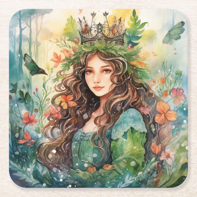 Watercolour Forest Princess Square Paper Coaster (Front)