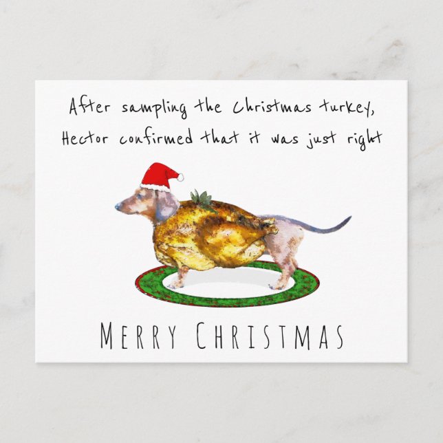 Watercolour funny Dachshund eaten Christmas turkey Postcard (Front)