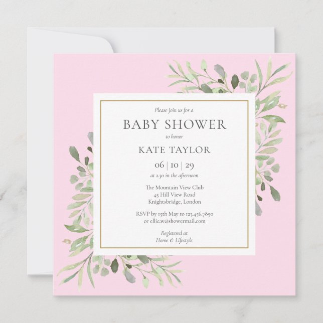 Watercolour Gold Greenery Pink Baby Girl Shower Invitation (Front)