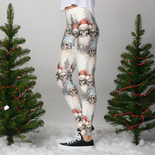 Watercolour Gothic Christmas Skulls in Santa Hats Leggings