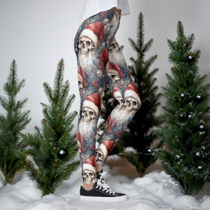 Watercolour Gothic Christmas Skulls in Santa Hats Leggings