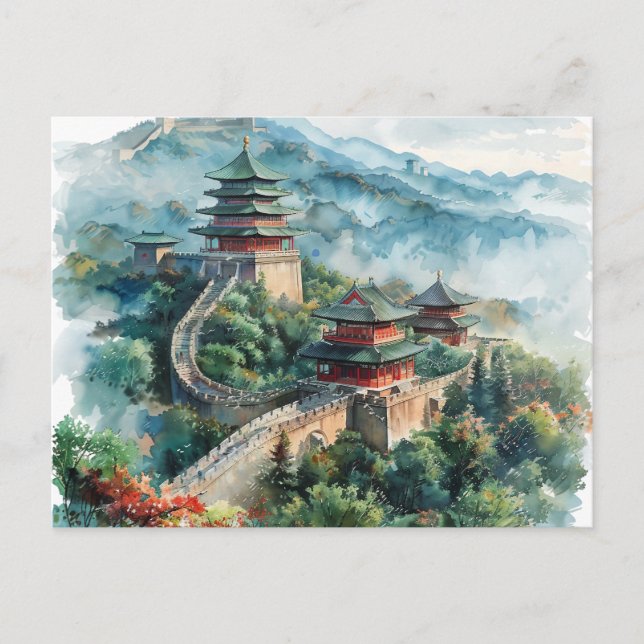 Watercolour Great Wall China Asia Travel Postcard (Front)