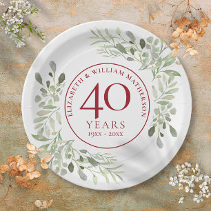 Watercolour Greenery 40th Wedding Anniversary Paper Plate