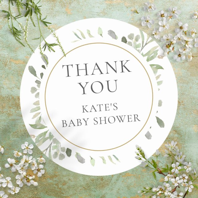 Watercolour Greenery Baby Shower Thank You Classic Round Sticker (Watercolour Greenery Baby Shower Thank You Classic Round Sticker)