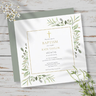 Watercolour Greenery Baptism Christening Invitation