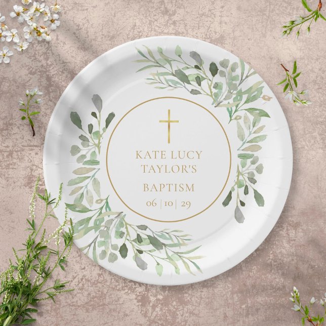 Watercolour Greenery Baptism | Christening Paper Plate (Creator Uploaded)