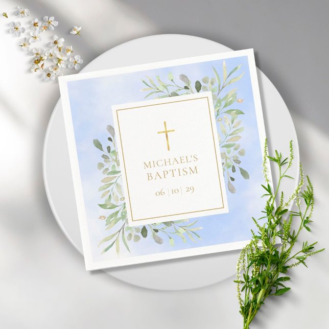Watercolour Greenery Blue Baptism Christening Napkin (Creator Uploaded)