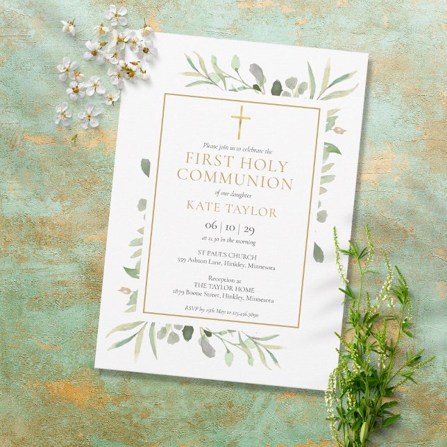 Watercolour Greenery First Holy Communion Invitation (Creator Uploaded)
