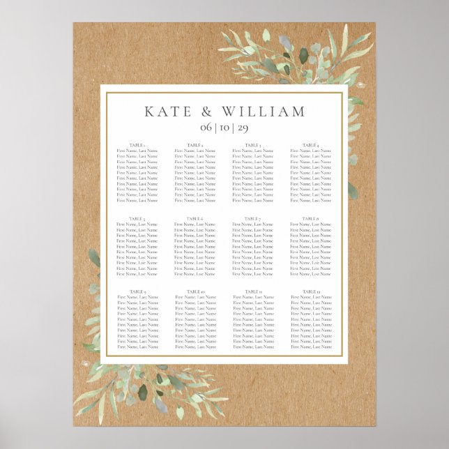 Watercolour Greenery Leaves Wedding Seating Chart (Front)