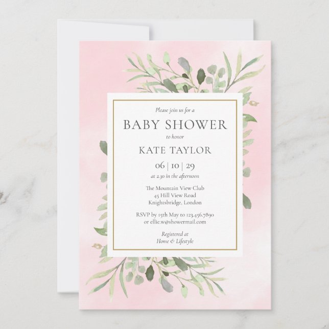 Watercolour Greenery Pink Baby Shower | Sprinkle Invitation (Front)