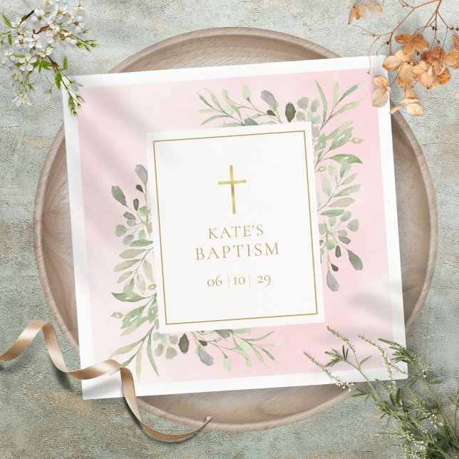 Watercolour Greenery Pink Baptism Christening Napkin (Watercolour Greenery Pink Baptism Christening Napkins)