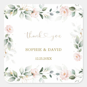 Watercolour Greenery Pink Floral Gold Wedding    S Square Sticker