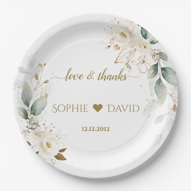 Watercolour Greenery White Floral Gold Wedding Paper Plate (Front)