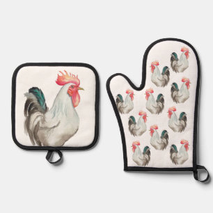 Watercolour hand drawing of a Rooster Oven Mitt & Pot Holder Set
