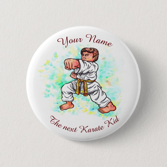 Watercolour Karate Kids brave boy doing a punch 6 Cm Round Badge (Front)