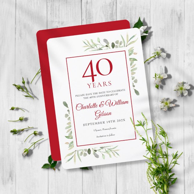 Watercolour Leaves 40th Anniversary Save the Date Invitation (Creator Uploaded)