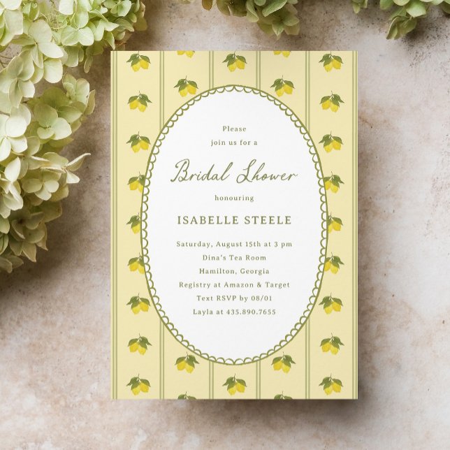 Watercolour Lemon Stripe Pattern Bridal Shower Invitation (vintage watercolour lemons and stripes bridal shower invitation)