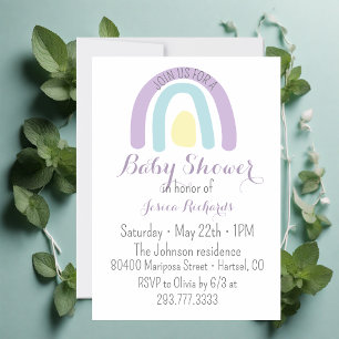 Watercolour lilac rainbow Baby Shower   Invitation