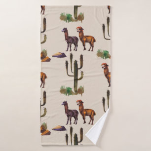 Watercolour llama alpaca wildlife seamless pattern bath towel