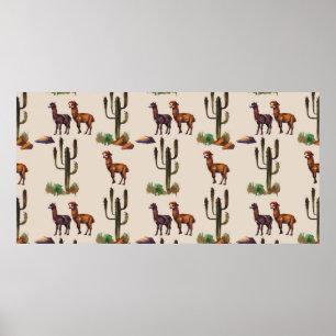 Watercolour llama alpaca wildlife seamless pattern poster